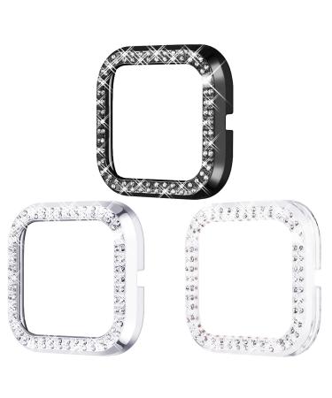 Surace Compatible for Fitbit Versa 2 Case, Bling Crystal Diamond Frame Protective Case Compatible for Fitbit Versa 2 Smart Watch (3 Packs, Black/Silver/Clear Black/Silver/Clear Fibit Versa 2