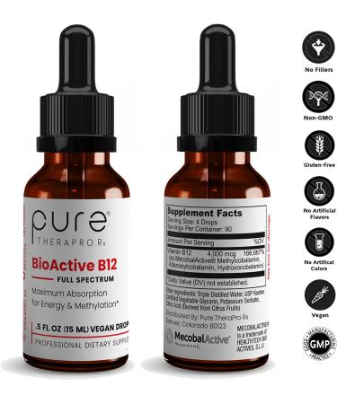 BioActive Vegan Vitamin B12 Sublingual Liquid Supplement - 1000mcg Drops - Hydroxocobalamin, Adenosylcobalamin & Methylcobalamin - 90-Day Supply - 0.5 Fl Oz - Buy Online on GoSupps.com