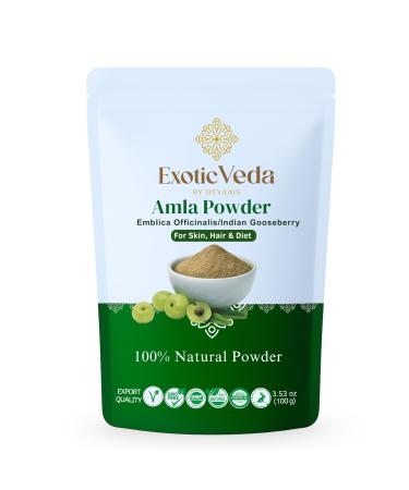 Exotic Veda Amla Powder | 100% Pure & Natural Indian Gooseberry | Ayurvedic Herbal Supplement for Hair Care Skin Glow & Wellness | Non-GMO No Additives Preservatives or Fillers | 100g Pouch