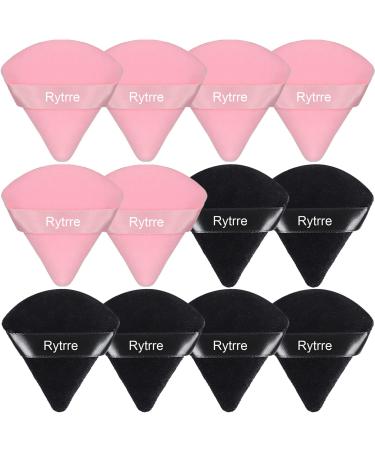 Rytrre 12 Pieces Triangle Powder Puff Face Makeup Sponge Soft Velour Powder Puffs for Loose Powder Body Powder Cosmetic Foundation Beauty Sponge  Stocking Stuffers Gift for Women (Black and Pink)