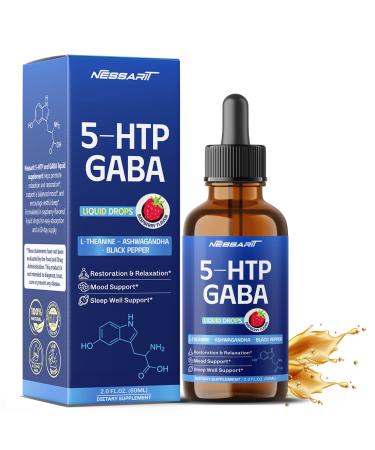 5-HTP & GABA Liquid Drops - L-Theanine Ashwagandha Black Pepper - Restore & Relax Sleep Well Support - Raspberry Flavor - 2.0 fl oz (60ml) 2 Fl Oz (Pack of 1)