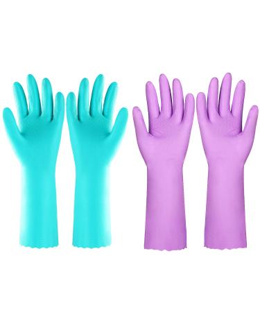 Reusable Kitchen Cleaning Gloves With Latex Free,Cotton Lining, Non- Slip Swirl Grip Gloves for Dishwashing 2 Pairs (Purple+Blue, Large)