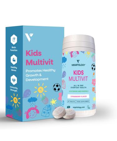 VEGETOLOGY Kids MultiVitamin Supplement, Vegan Chewable Multivitamin for Immune Support, Energy, & Growth, 18 Essential Vitamins & Minerals, Ages 4+ - 60 Tablets, Strawberry