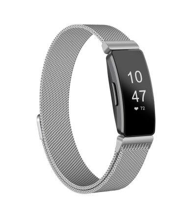Amzpas Bands Compatible with Fitbit Inspire 2 & Fitbit Inspire HR & Fitbit Inspire & Fitbit Ace 2, Breathable Stainless Steel Loop Mesh Magnetic Adjustable Wristband for Women Men(Large,Silver) Large .Silver