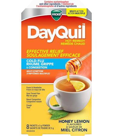 DayQuil Hot Remedy Cold Flu & Congestion Medicine Daytime Non-Drowsy Relief for Fever & Headache Sore Throat Pain Nasal Congestion Cough Multi-Action Honey Lemon Flavoured 8 Powder Packets - Buy Online on GoSupps.com
