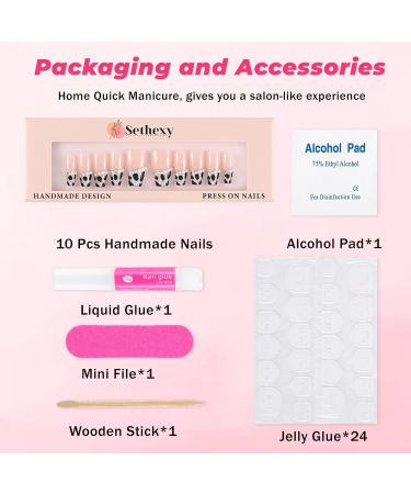 Sethexy French Long Coffin False Nails - Handmade Strass Pearl Glossy Leopard Print Nails | Salon Quality Press-On Acrylic Glitter Nail Art for Women & Girls - Buy Online on GoSupps.com