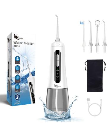 Cordless Water Dental Flosser Oral irrigator JNGOODS 300ml Rechargeable Water flosser for Teeth IPX7 Waterproof 4 Modes Portable Oral Irrigator with 4 Jet Tips Travel Home use (White)