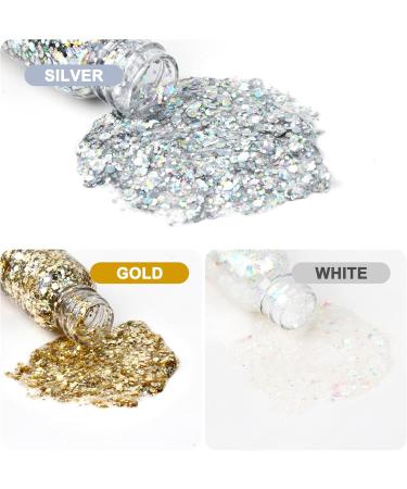  Dokeno Dokeno Body Glitter Gel 3 Bottle Body Gel with Glitter Makeup Shiny Long Lasting for Face Nails Eyes Lips Hair Body (Gold Silver and White) - Buy Online on GoSupps.com