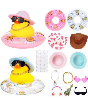 Carreuty 2PCS Car Rubber Duck Decoration Dashboard Yellow Duck with Hat Sunglasses Chain Donut Guitar for Bath Toys Baby Shower Toy Bedroom Ornaments Summer