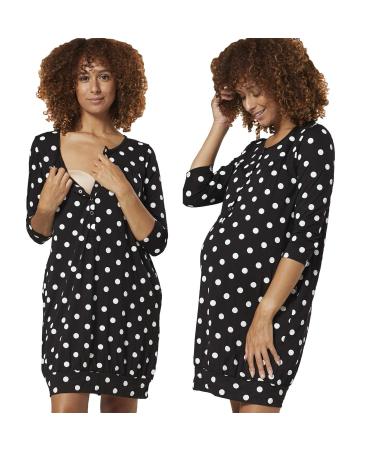 HAPPY MAMA Women's Maternity Nursing Labour Hospital Gown Print Nightshirt 1078 10-12 Black With Dots