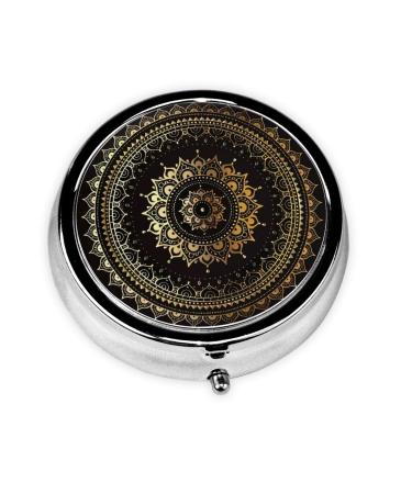 Kaleidoscope Mandala Portable Metal Pill Box Round Mini 3-Compartment Plastic Insert hinged Fastening Design Suitable for Small Pills Must-Have for Travel