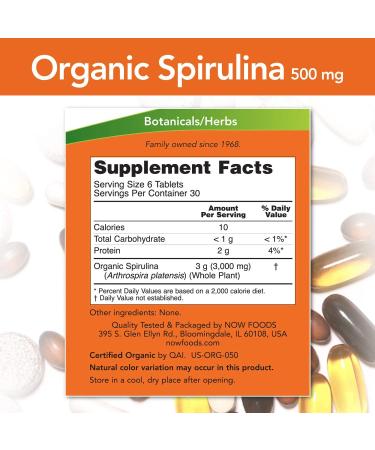 Now Foods Organic Spirulina 500 mg - 180 Tablets | Superfood Supplement - Buy Online on GoSupps.com