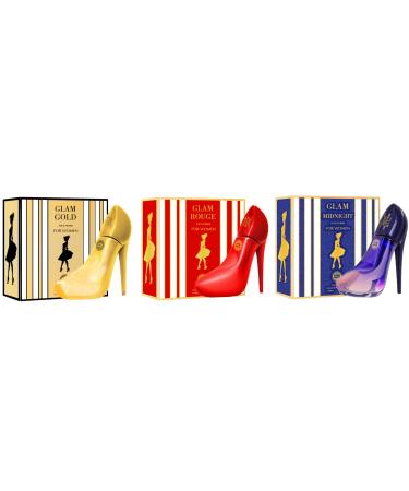 Hybrid & Company Women Glam Girl 3 Pcs Eau De Parfum Natural Spray Vaporisateur 3.4 Fl Oz GLAM GIRL GOLD ROUGE MID NIGHT 3.4 Fl Oz (Pack of 3)
