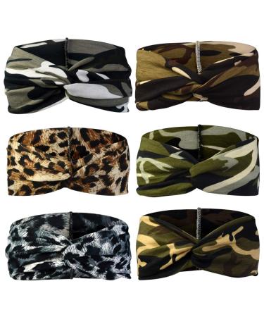 6pcs Camo Leopard Headbands Elastic Bow Hairband Turban Twisted Head Wrap Knot Hair Accessories for Women Girls Running Sport Travel