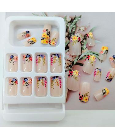 Square Press on Nails - TUZADNW Flower Design | 24 Pcs Glossy Short Fake Nails for Women - Artificial Nude Full Cover Acrylics - Buy Online on GoSupps.com