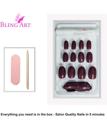 Bling Art Oval False Nails Gel Glossy Glitter French Manicure Fake Medium Tips with Glue (Sangria Gel) - Buy Online on GoSupps.com