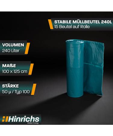Hinrichs 240L Extra Strong Garbage Bags - 15 Rolls of Tearproof Recycling LDPE Waste Bags for Garden Household & Construction - 100x125 cm Blue Sacks - Buy Online on GoSupps.com