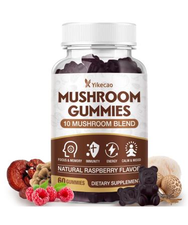 Yikecao Mushroom Gummies for Adults 10 Blend Mushroom Supplement with Lions Mane Cordyceps Reishi Chaga and Turkey Tail for Focus and Energy Raspberry Flavor 60 Count