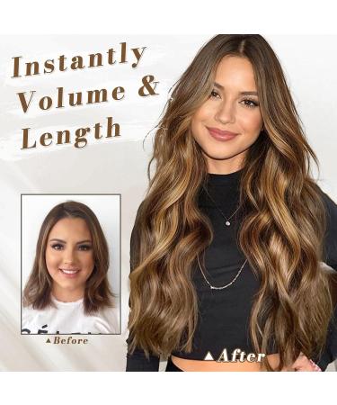 BARSDAR Clip In Extensions - 5 PCs Long Wavy Synthetic Hair 45 cm Toffee Brown with Gold Blonde Highlights for Women & Girls - Buy Online on GoSupps.com