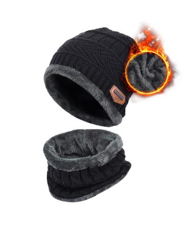 Aisprts Kids Winter Beanie Hat and Scarf Set Knitted Thermal Fleece Lining Hat and Snood Neck Warmer for Boys Girls One Size Black