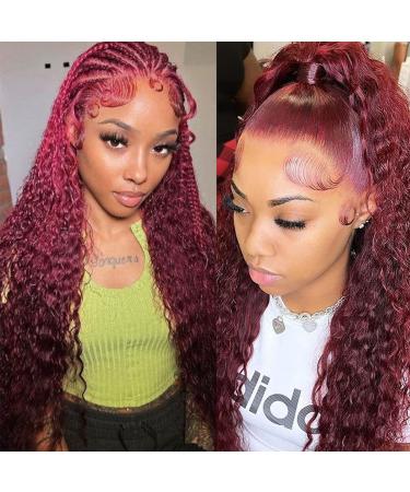 MAXTASK Burgundy Lace Front Human Hair Wig | Pre Plucked 99J Deep Wave HD Lace | Red Colored Wet & Wavy Curly Wig for Black Women - Buy Online on GoSupps.com
