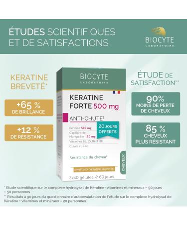 BIOCYTE Pack Keratin Forte 500mg - Food Supplement - Hair Resistance - Keratin Montpellier Capillary Vitamin B8 Zinc Copper - 120 Capsules - 60 Days - Buy Online on GoSupps.com