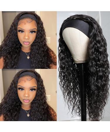Lovigs Synthetic Headband Wig Water Wave None Lace Front Wigs Brazilian Virgin Hair Curly Headband Wigs for Black Women Machine Made Wigs Natural Color 1B Headband wig 24 Inch