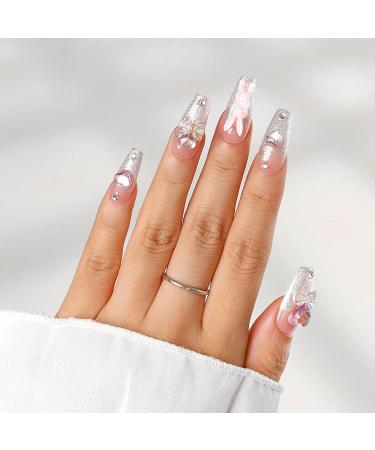 Sethexy Long Coffin False Nails - Handmade Rhinestones & Glitter Luxury 3D Acrylic Nails for Women & Girls - Buy Online on GoSupps.com