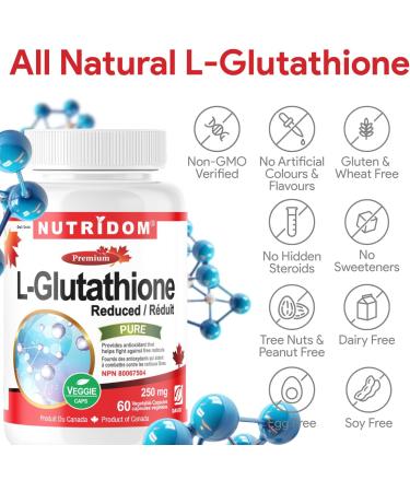 Nutridom L-Glutathione 250mg Reduced Glutathione Supplement for Antioxidant Support Non-GMO Vegan Gluten-Free Soy-Free Dairy-Free No Additives & Fillers (60 Veggie Capsules) - Buy Online on GoSupps.com