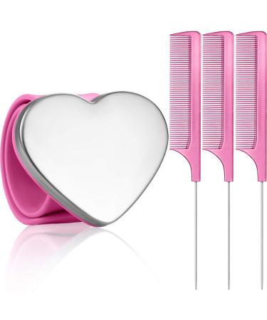Magnetic Wrist Sewing Pincushion Wrist Magnetic Pin Holder Wristband Pin Cushion Holder with 3 Pieces Stainless Steel Pintail Comb Rat Tail Comb Parting Comb for Hair Clips Hand Sewing (Pink)