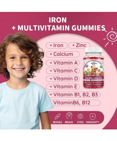 Iron Supplement Gummies for Kids - with Calcium, Zinc, Kids Multivitamin with Iron Gummies - Immune Support, Blood Builder & Energy Support for Iron Deficiency, Anemia, Vegan - 60 Count Strawberry 60 Count (Pack of 1) - Buy Online on GoSupps.com