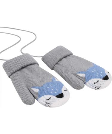 Winter Warm Cute Fox Knit Mittens for Baby Toddler | Furry Lining, Hanging On Neck | Girls Boys Age 1-3 | Grey - Buy Online on GoSupps.com