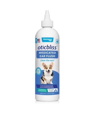 Vetnique Labs Oticbliss Ear Cleaner Wipes/Flushes for Dogs & Cats with Odor Control and Itch Relief Reduces Head Shaking - Clear The Ear Ear Cleaning Flush Medicated 12oz