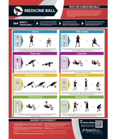 Medicine Ball Exercise | Targets Muscle Groups | Improves Strength Training | Laminated Home & Gym Poster | Free Online Video Training Support | Size - 594mm x 420mm (A2) | Improves Fitness
