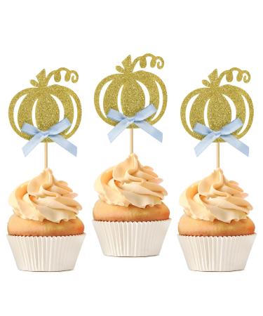 36 PCS Pumpkin Cupcake Toppers Fall Theme Cupcake Picks With Blue Bow Glitter Halloween Thanksgiving Little Pumpkin Cake Topper Baby Shower Girls Boys Kids Birthday Party Cake Decorations Supplies