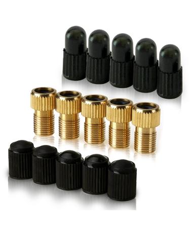 Brass Presta Valve Adaptor (Pack of 5 + 10 Caps) - Convert Presta to Schrader for Bikes, e-Bikes, e-Scooters and Cars - Inflate Tire Using Standard Pump or Air Compressor by Mobi Lock