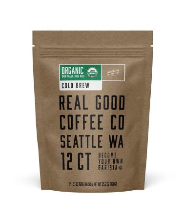 Real Good Coffee Company - Cold Brew Coffee - Organic Dark Roast Coffee - 100% Arabica Coffee Beans - Cold Brew Made Right in Your Fridge - 12 Pouch Pack Organic Dark Roast 12 Pouch (Pack of 1)