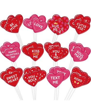 Whaline 60Pcs Valentine's Day Cupcake Topper Conversation Heart Cupcake Picks Red Pink Love Heart Sayings Food Picks for Wedding Engagement Cake Decoration 12 Designs