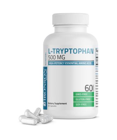 Bronson L-Tryptophan 500 MG High Potency Essential Amino Acid Supports Relaxation & Positive Mood Support Non-GMO, 60 Capsules 60 Count (Pack of 1)