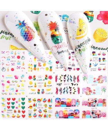Summer Nail Art Stickers Colorful Fruits Water Transfer Nail Decals Summer Element Pattern Nails Landscapes Fruits Coconut Trees Designs Nail Stickers Manicure for Women DIY Nail Art Accessories 12 Sheets