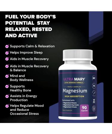 ULTRA MARY Magnesium Complex High Absorption Magnesium Glycinate Magnesium Citrate & Magnesium Malate Supports Muscle Relaxation Calm & Restful Sleep 90 Capsules - Buy Online on GoSupps.com