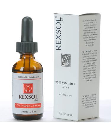 REXSOL 10% Vitamin C Serum Anti-wrinkle Firming | With Hyaluronic Acid Chamomile Extract & Grape Seed Extract | Prevent photo-aging | Provides antioxidant protection. (50 ml / 1.7 fl oz)
