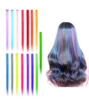 suaywo 15 pieces 21 inch colored hair extensions clip in rainbow 15 colors colorful hair strands especially for women girls children Christmas gift fashion hair parts