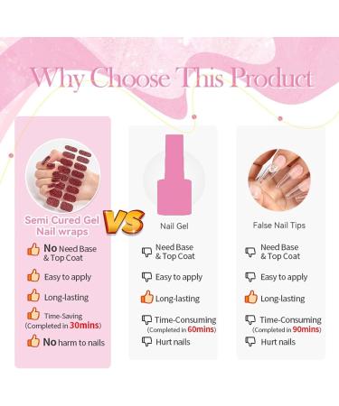 DMQ Semi Cured Gel Nails Strips - 20 Stickers Nail Wraps Soft Self - Adhesive Gel Nail Stickers Long Lasting for Nails French Tip Manicure Gel Nail Wraps - UV/LED Lamp Required Pink White Gradient Glitter - Buy Online on GoSupps.com