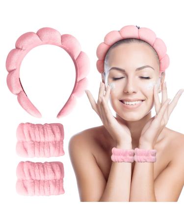 Hroevc 3 PCS Spa Headband and Wristband Set for Washing Face  Terry Cloth Facial Puffy Makeup Headband for Women (Pink)