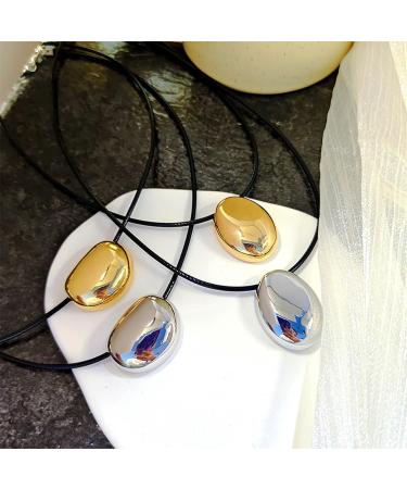Oralgo's Elegant Oval Metal Necklace - Stylish Geometric Pendant with Adjustable PU Leather Cord - Silver Collarbone Chain Jewelry - Buy Online on GoSupps.com