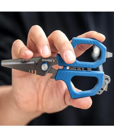 SAMSFX Fishing Braid Line Scissors with Titanium Coating, Dual-Serrated Blade, Kraton Handle, Sheath, Lanyard - Blue Kraton Handle - Buy Online on GoSupps.com