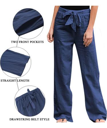 LAIJOJIO Women's Linen Pants - Lightweight Casual Drawstring Elastic Waist Wide Leg Trousers with Pockets (Dark Blue, Small) - Buy Online on GoSupps.com