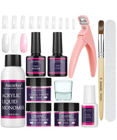 Aucarkee Acrylic Nail Kit, Acrylic Nail Powder And Liquid Monomer Kit with Primer Top Coat Nail Brush Glue Nail Tips and Tip Cutter - Clear/White/Pink White, Pink, Clear
