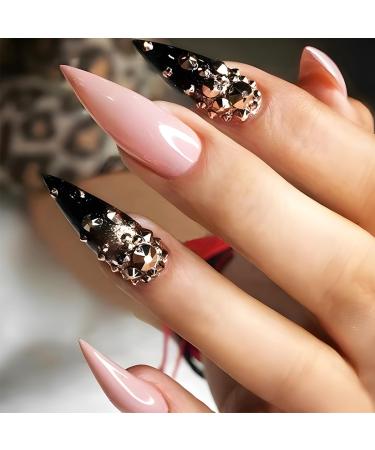 Punk Style Press on Nails Long Stiletto Shape with Mace Design Glossy Gold Glitter Acrylic False Nails Stick on Nails for Women Girls Luxury Rhinestones Manicure Art Fake Nails Gel Glue on Nails Y2k Punk A